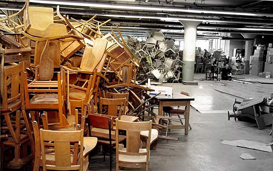 Chairs piled in Marchant Building