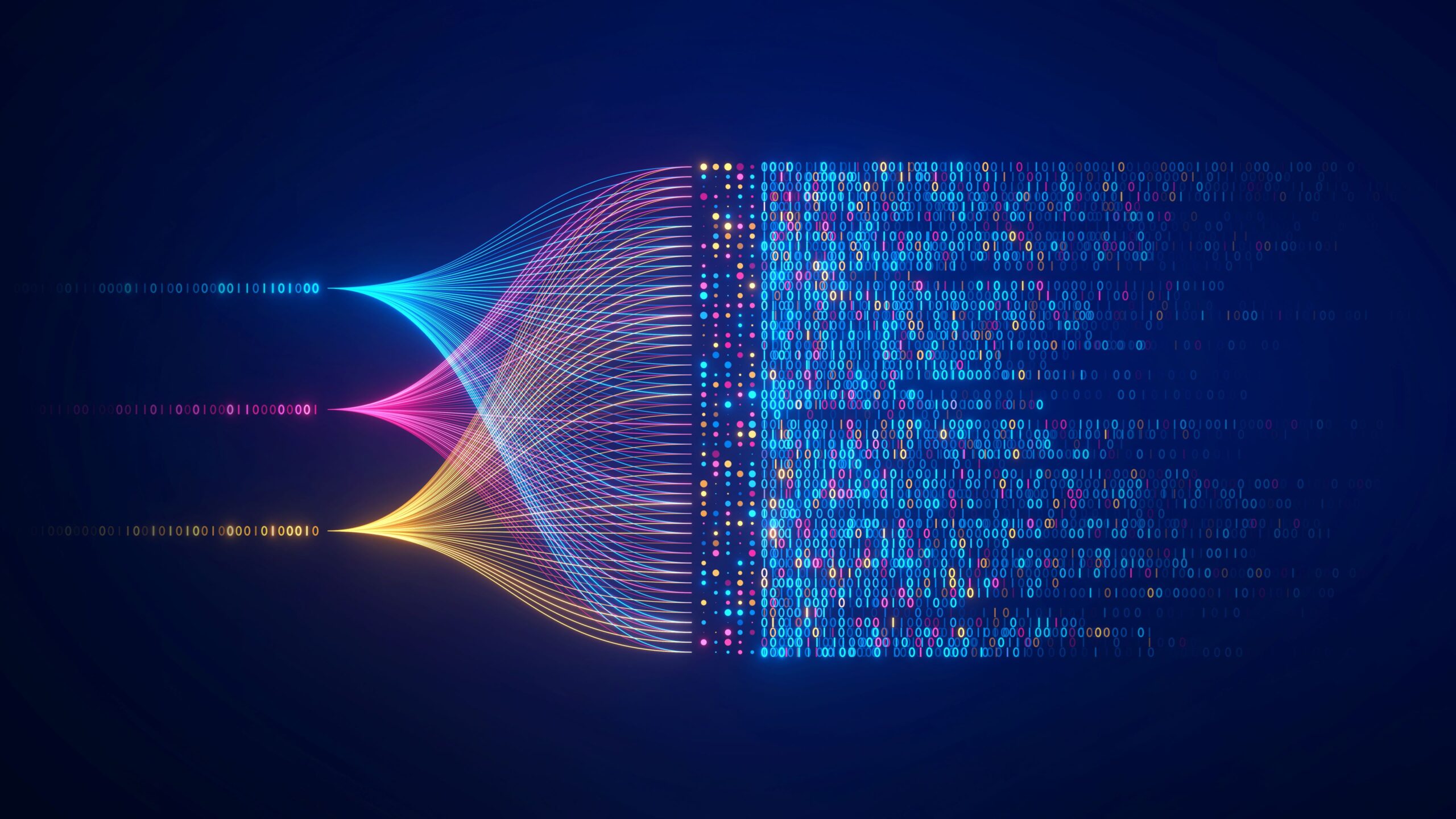 series of 0s and 1s in blue, pink, and yellow on left side are expanded on the right side in mixed colors